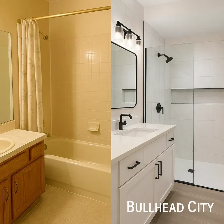 Bathroom before: basic tub. After remodel: sleek walk-in shower, new fixtures, and tile work in Bullhead City.