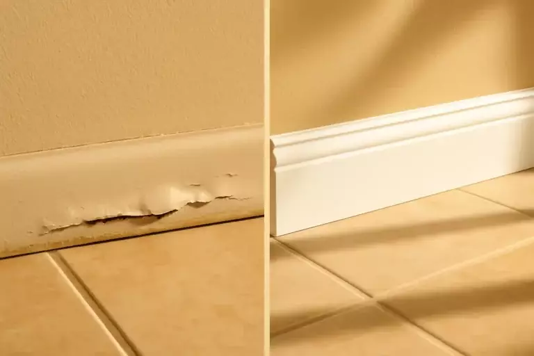 Side-by-side view of peeling baseboard and new, intact baseboard along tile floor in a Bullhead City remodel.