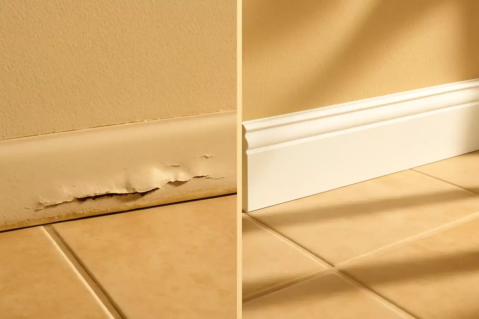 Side-by-side view of peeling baseboard and new, intact baseboard along tile floor in a Bullhead City remodel.
