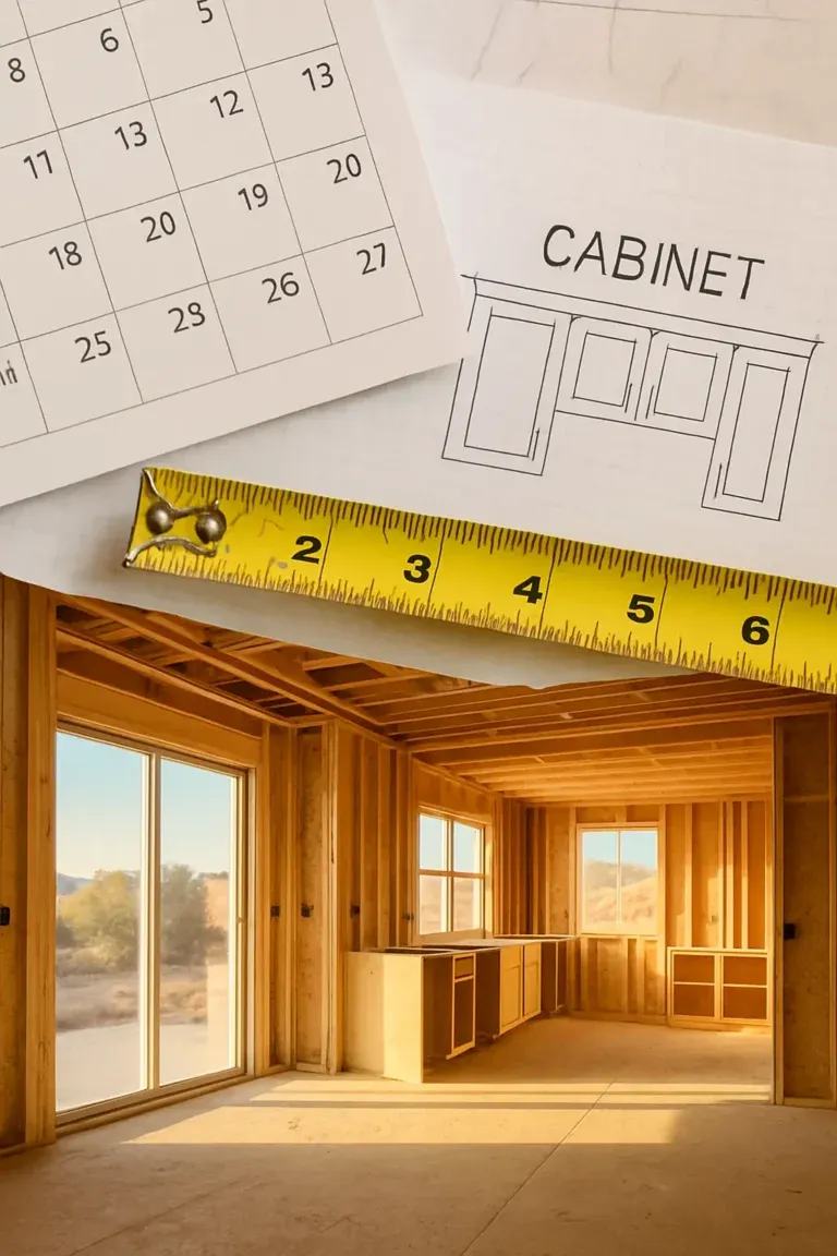 A remodel in Bullhead City shows exposed framing, a cabinet sketch, a calendar, and a measuring tape.