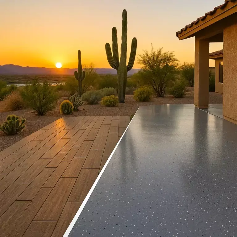 A modern patio with tile and smooth concrete flooring in Fort Mohave overlooks desert plants and cacti at sunset.